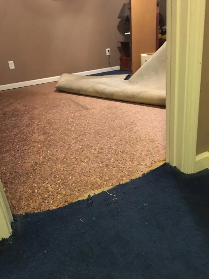 Carpet pad removal revealing water damage during Water Mitigation Services in Hempstead